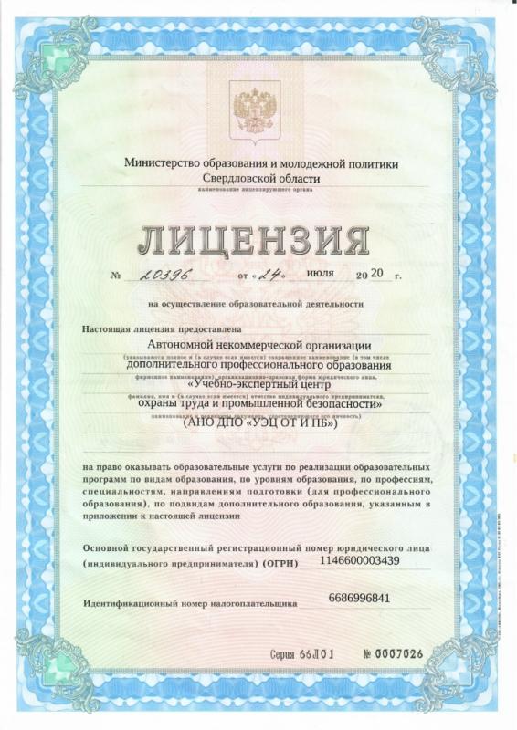 Лицензия Министерства образования и молодежной политики Свердловской области на осуществление образовательной деятельности 1